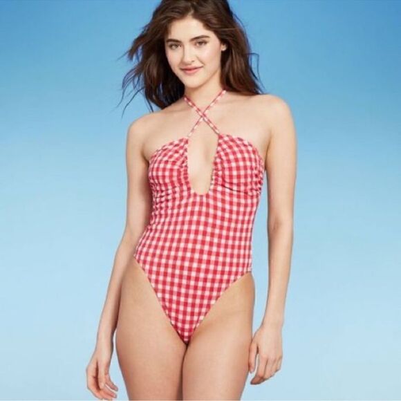 Women’s Gingham keyhole cross front high leg cheeky one piece bathing suit. #3 - Picture 1 of 6